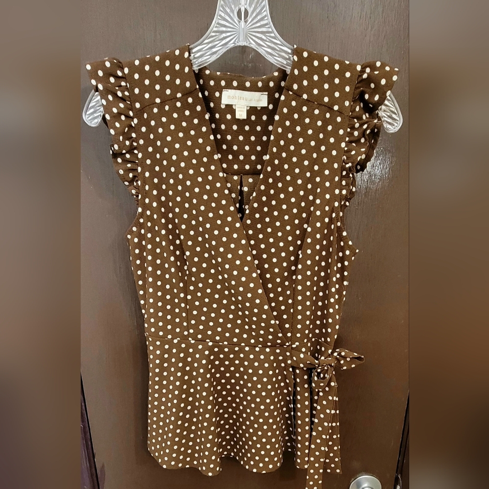 Monteau Brown and White Polka Dot Ruffle Blouse
